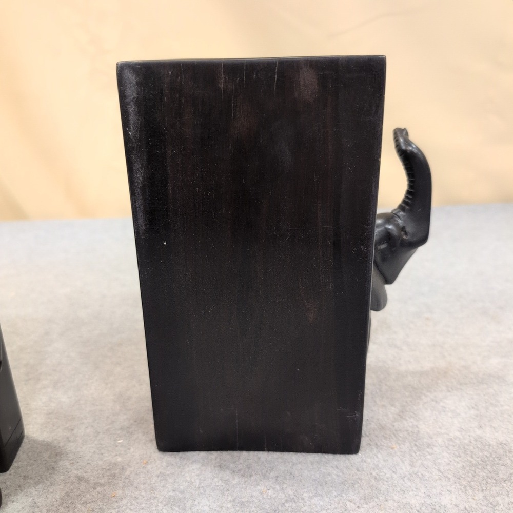 Vintage Hand Carved Wooden Elephant Bookends Dark Wood Broken Leg - Picture 3 of 6